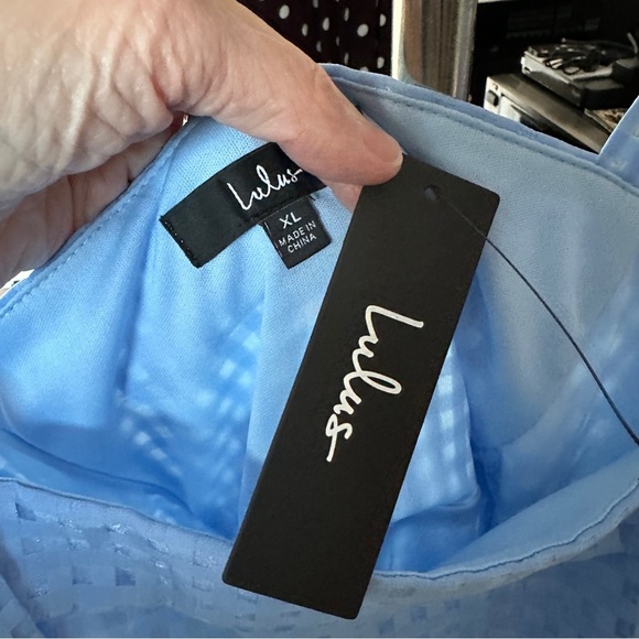 Lulu’s NWT Forever Darling Blue Gingham‎ Burnout Tie-Strap Mini Dress Size XL - Picture 6 of 15
